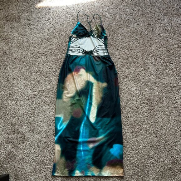 SHEIN SXY Summer Tie-Dye Print Butterfly Sexy Halter Bodycon Dress NWT Large - Picture 5 of 10